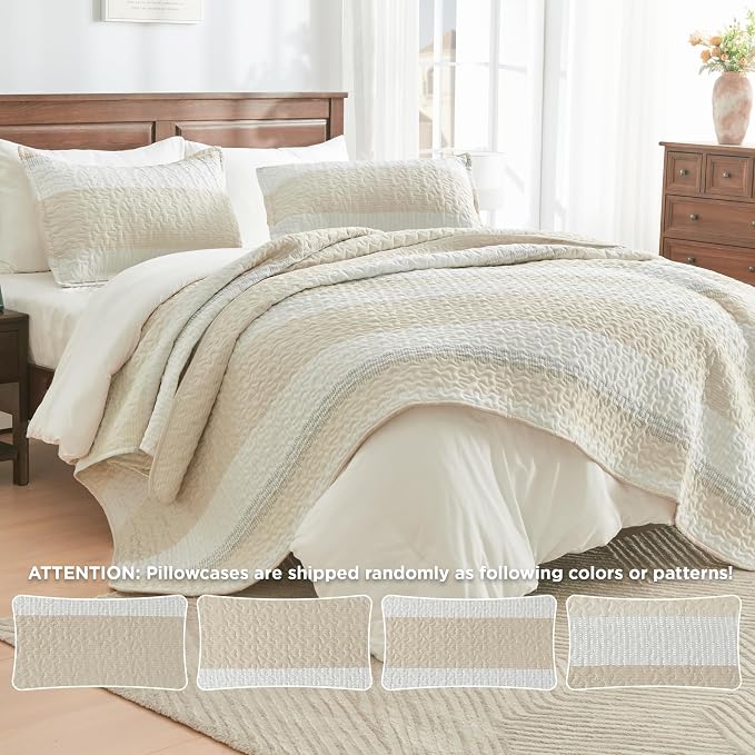 Andency Queen Quilt Bedding Set Beige, 3 Pieces Patchwork Beige Striped Ultra - Image 4