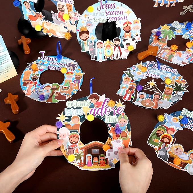 Hollowfly 48 Sets Nativity Crafts Kits Religious Jesus DIY Wreath Signs Hanging - Image 2