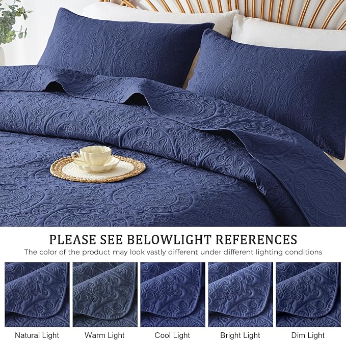 WURUIBO Navy Blue Quilt Set Queen Size, Embossing Microfiber Full Bedspreads - Image 6