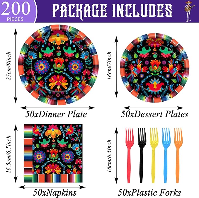 50 Guests Mexican Fiesta Plates and Napkins Party Supplies Mayo Datura Flower - Image 2