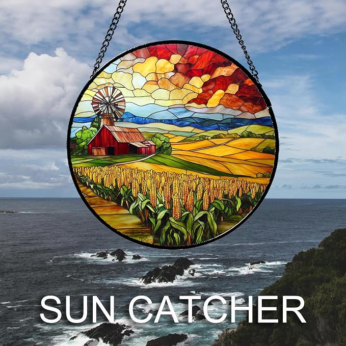 Stained Glass Window Hanging Autumn Farm Corn Harvest Landscape Large 11.8" - Image 6