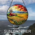 Stained Glass Window Hanging Autumn Farm Corn Harvest Landscape 9.8" - Image 6