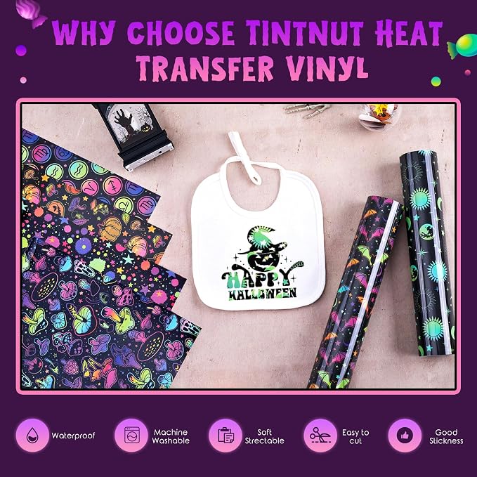 Tintnut Halloween Glow in the Dark HTV Vinyl, easy cut & weed, stretch washable - Image 3