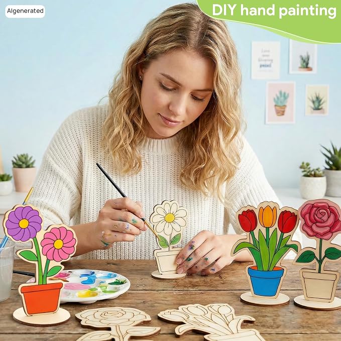 24 PCS Wooden Flower Crafts to Paint, Unfinished Wooden Flowers Spring Slices - Image 5
