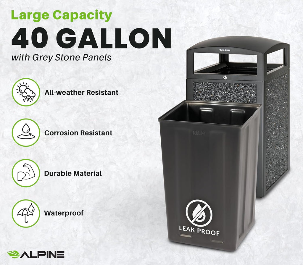 Alpine Outdoor Commercial Trash Can with Lid - 40 Gallon Heavy Duty Metal Garbage Can with Removable Bin, Locking Lid for a Modern Look in Park, Mall & High Traffic Areas - Black, Grey Stone Panels