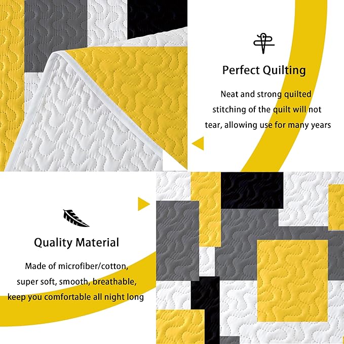 Tyrot 3 Piece Yellow Grey Quilt Set Full/Queen Size Yellow Gray White Geometric - Image 4