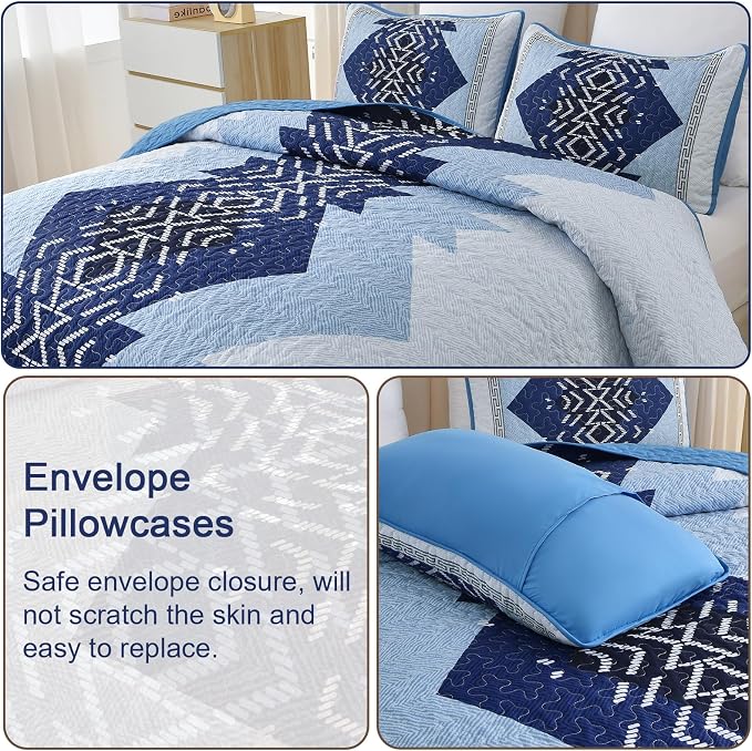 Dintszyayue Blue Quilt Set Queen Size, 3 Pieces Aztec Texture Bedding Coverlet - Image 5