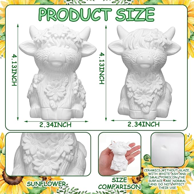Hollowfly 2 Pack Ready to Paint Your Own Sunflower Highland Cow Statue Spring - Image 2