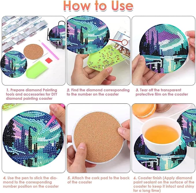 ijbnhd 8 Pcs Aurora Diamond Art Coasters Kits Landscape 4x4 inch | Diamond - Image 6