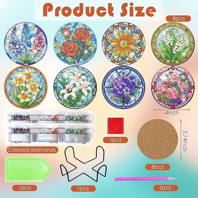 ijbnhd 8 PCS Flowers Diamond Art Coasters | Diamond Painting Coasters Kits - Image 4