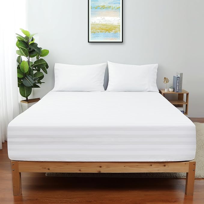 Full Size Striped Fitted Sheet Only White Color, 100% Egyptian Cotton 600 by ShunjieHome