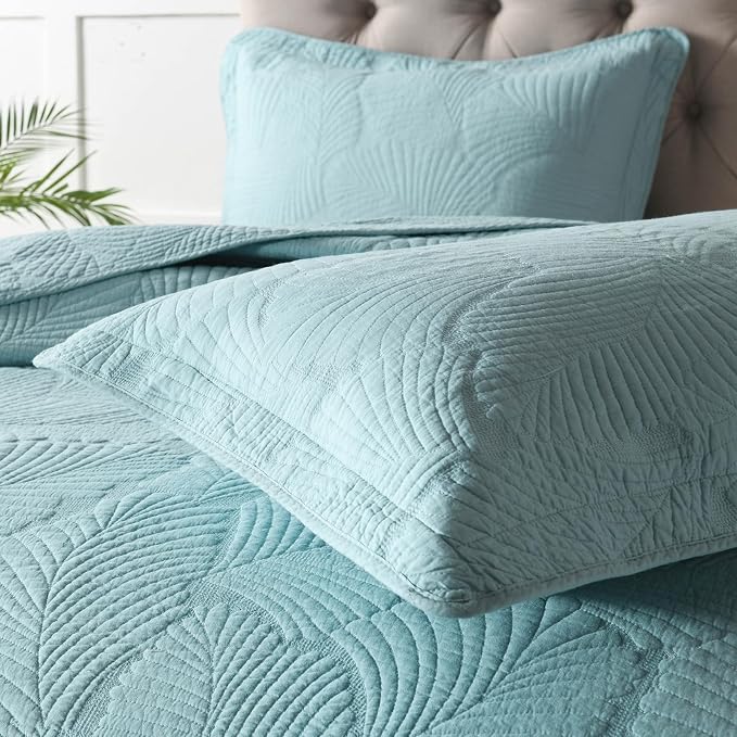 ROOMLIFE Queen Quilt Set Palm Leaves Pattern 3 PCS 100% Cotton Soft Breathable - Image 4