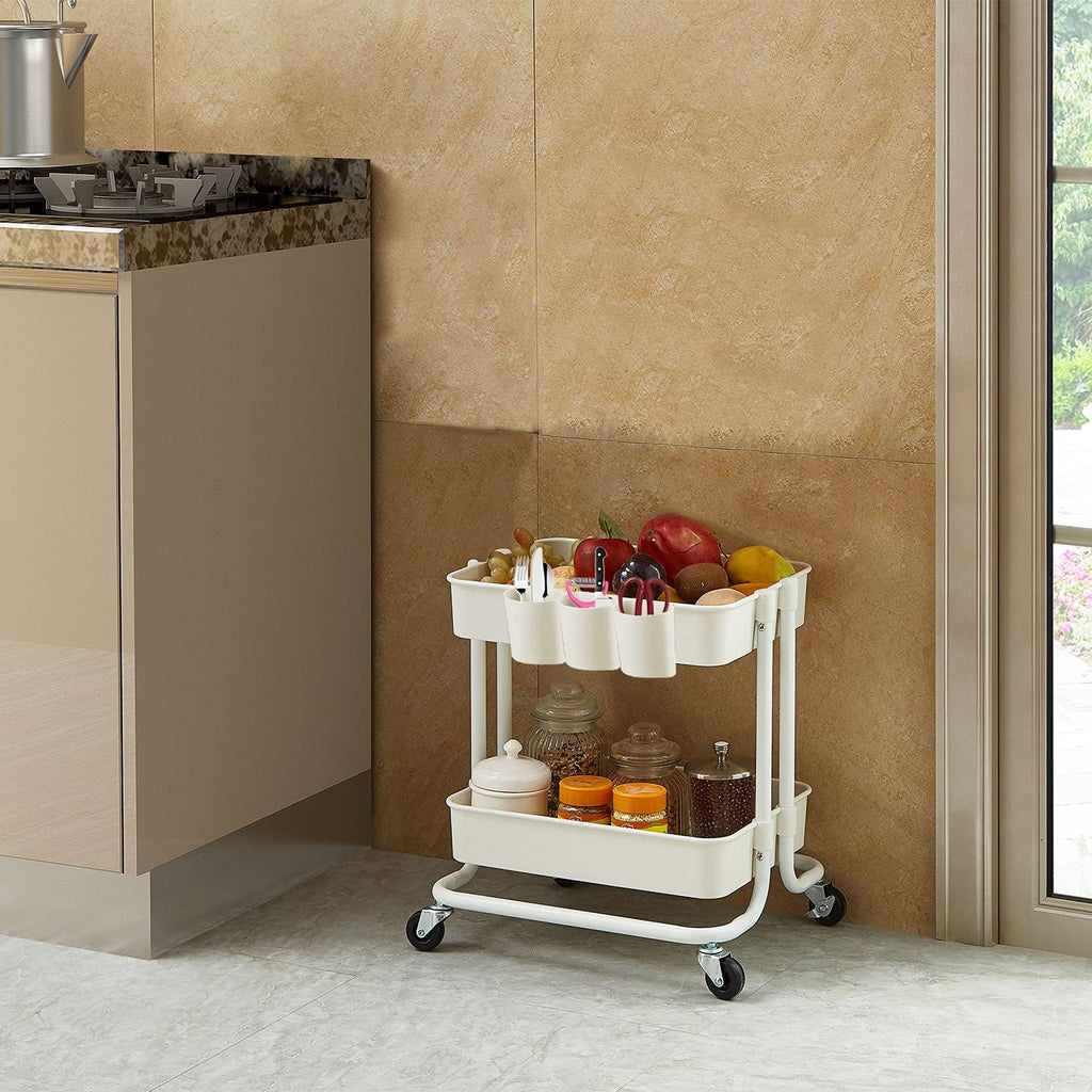 2-Tier Utility Rolling Cart Storage Sofa Side Table with Wheels, Mobile Trolley Organizer with for Office Home Kitchen Organization, Cream White