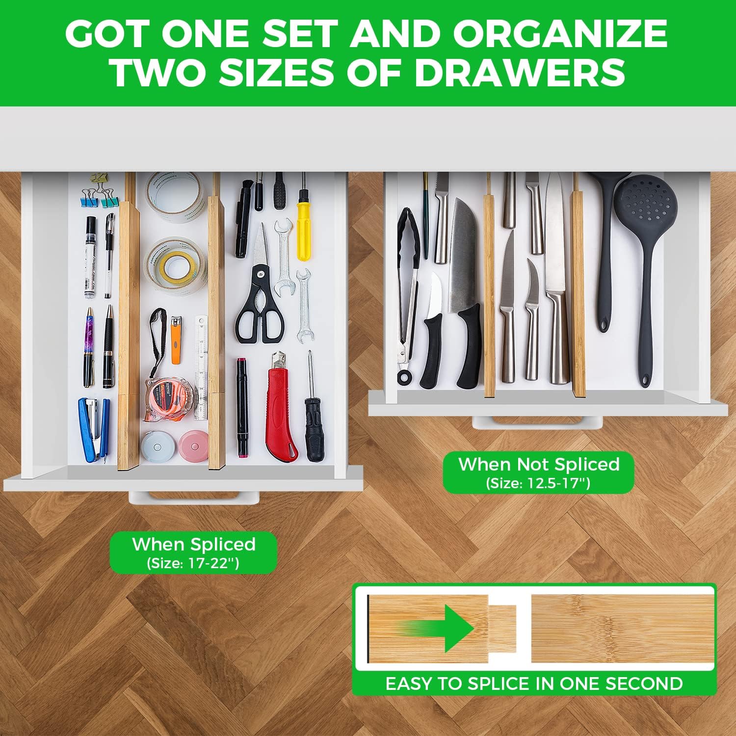 Bamboo Drawer Dividers Organizer with Inserts, Expandable from 12.5-21.7", Adjustable Drawer Organizer Separators for Utensils, Dresser, Bedroom, Bathroom, Closet, Clothing, Office (Beige)