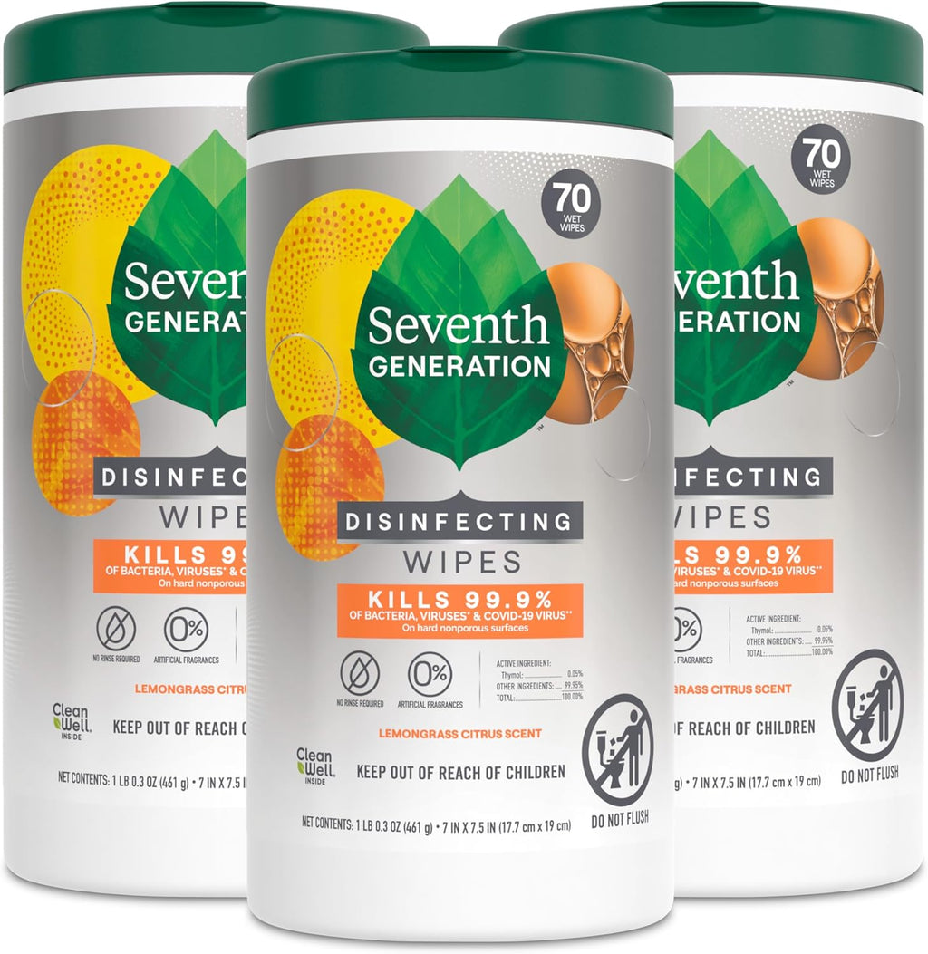 Seventh Generation Disinfecting Multi-Surface Wipes, Lemongrass Citrus, 70 Count, Pack of 3 (Packaging May Vary)