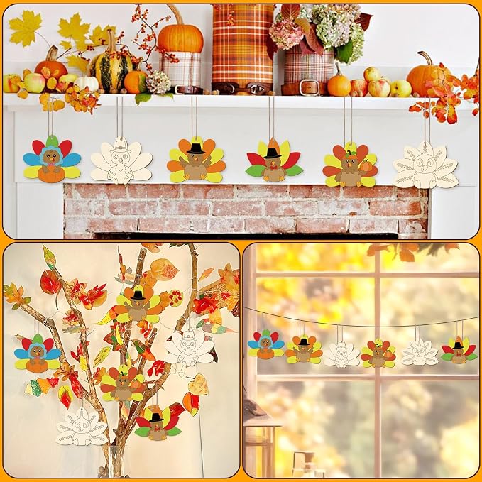 24 PCS Unfinished Wooden Thanksgiving Crafts, Turkey Shaped Hanging Ornaments - Image 7