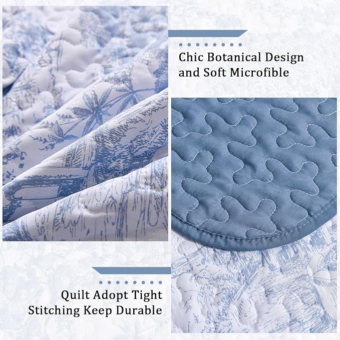 WONGS BEDDING Blue Quilt Set Twin Size, 2 Pieces Botanical Bedspreads Set - Image 5