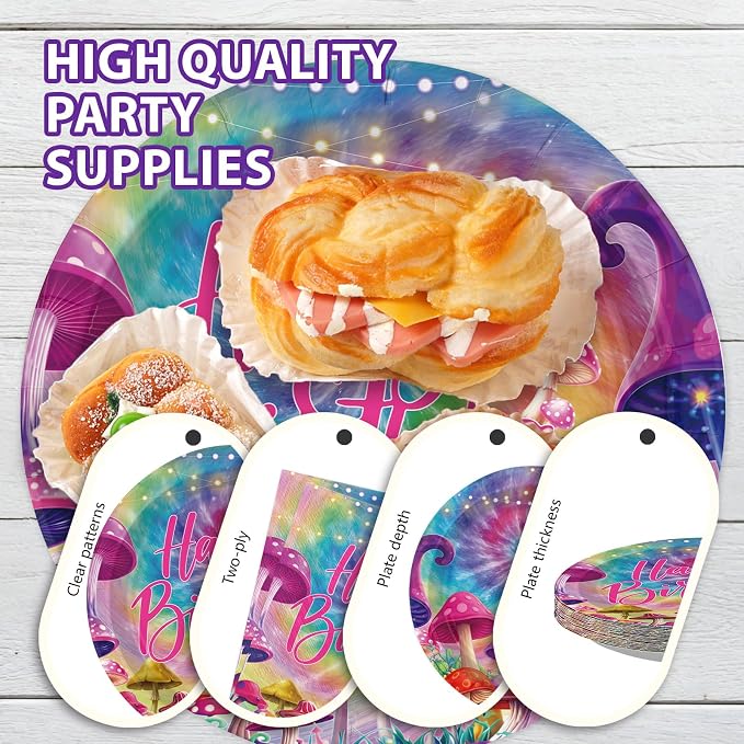96Pcs Tie Dye Mushroom Birthday Party Decorations Tie Dye Plates and Napkins - Image 6
