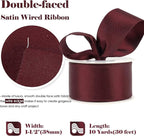 HUIHUANG Burgundy Satin Wired Ribbon 1-1/2 inch Wine Red Wire Edge Ribbon - Image 2
