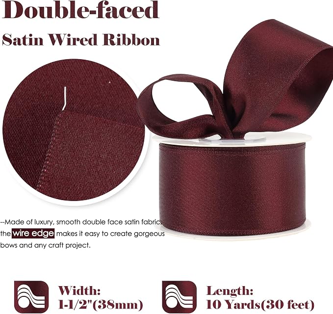 HUIHUANG Burgundy Satin Wired Ribbon 1-1/2 inch Wine Red Wire Edge Ribbon - Image 2