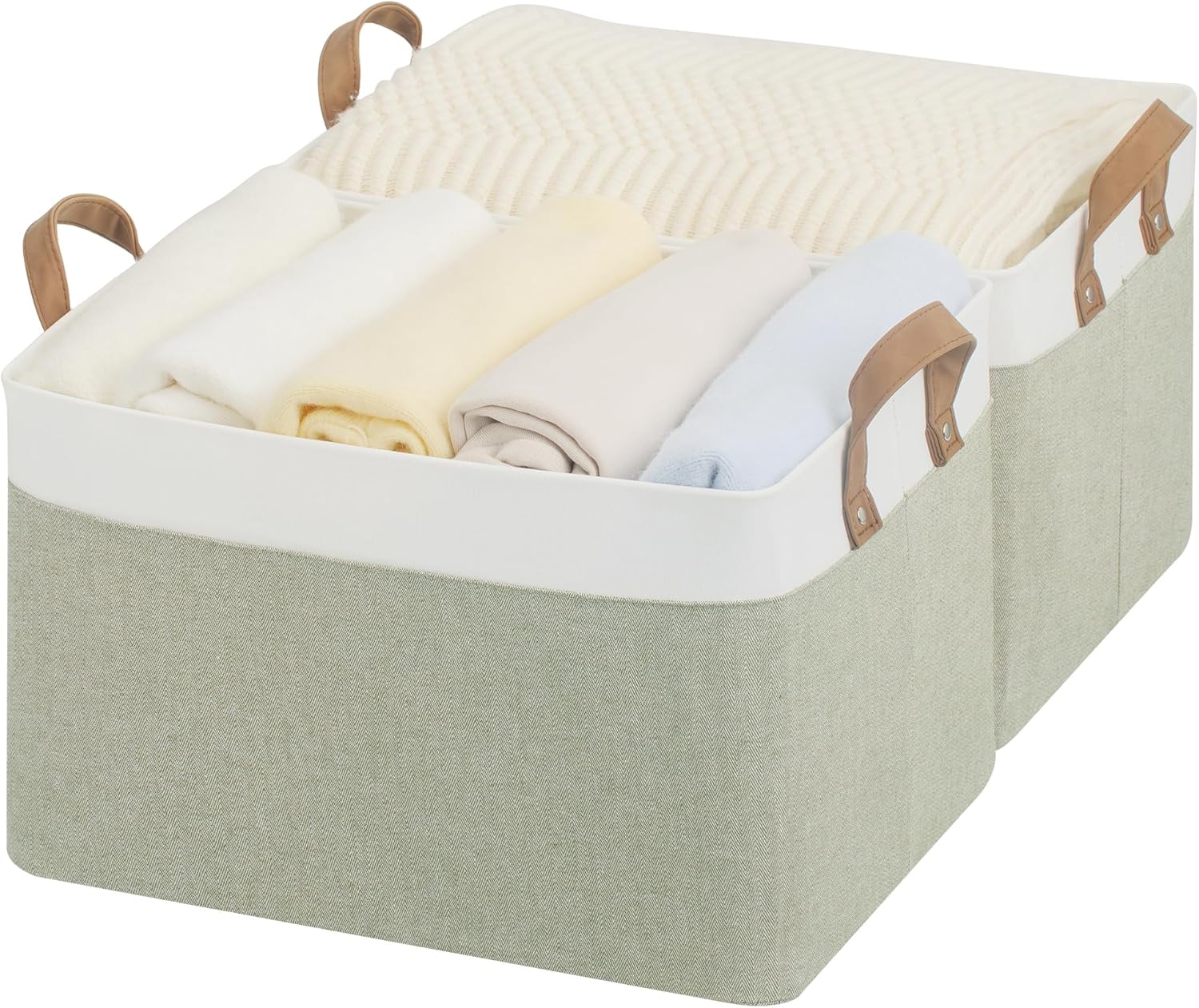StorageWorks Storage Bins, Fabric Storage Bins for Shelves, Large Storage Baskets with Metal Frame, Closet Baskets and Bins with Handles, Green and White, 2-Pack