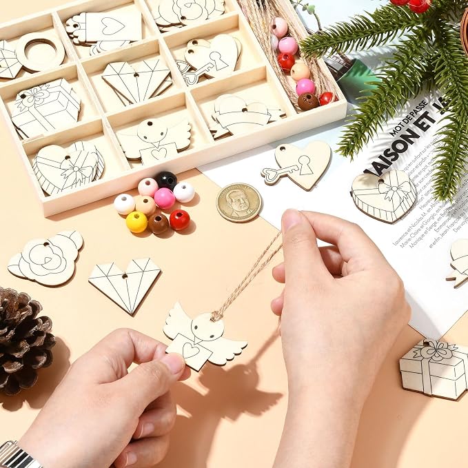 54 pcs Mixed Styles Wedding Theme Unfinished Wooden Cutout Charms Ring Heart - Image 5
