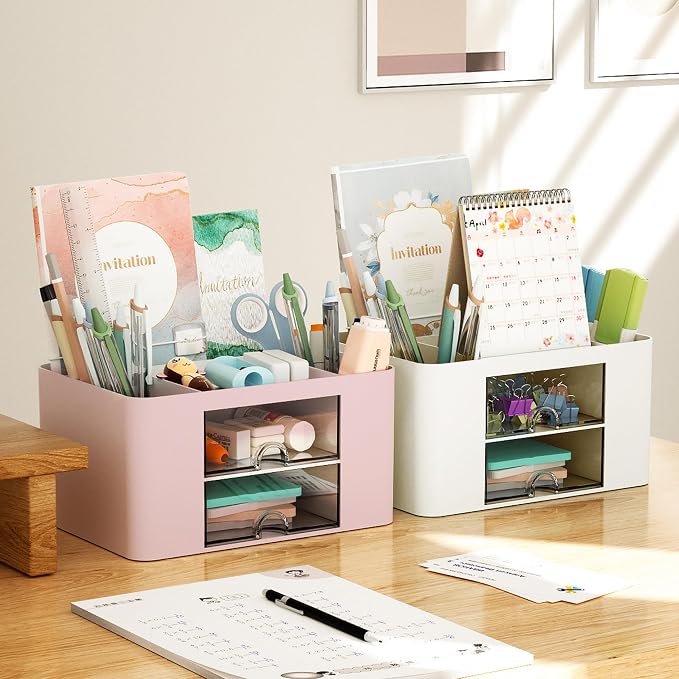 Marbrasse Pen Organizer with 2 Drawer, Desk Organizers and Accessories with 5 - Image 5