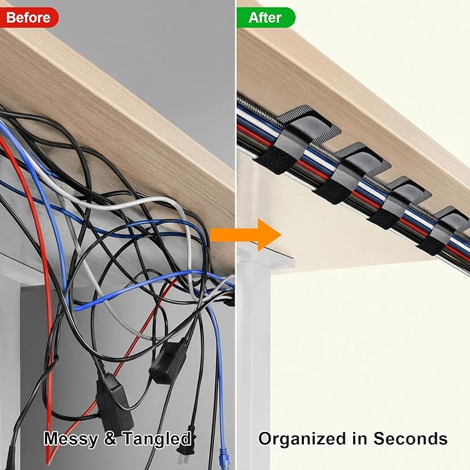 Cable Management Under Desk, 40 Pair Cord Organizer Straps | Reusable hook and - Image 2