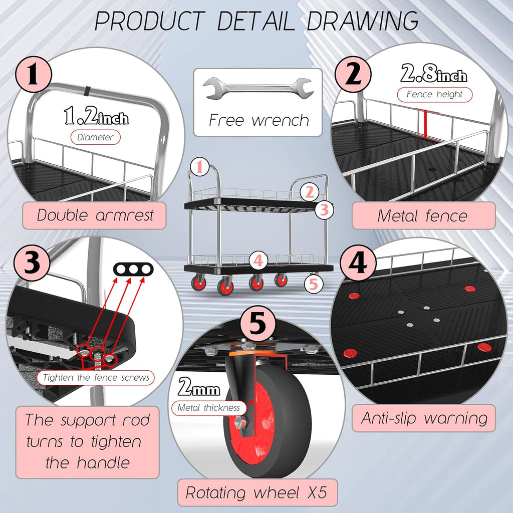 Utility Service Cart 2 Shelf - 880lbs Capacity Heavy-Duty Plastic Rolling Utility Carts with 5 of 360° Swivel Wheels and Handle, Large Service Cart for Groceries, Warehouse,Garage 43.5''x25.6''