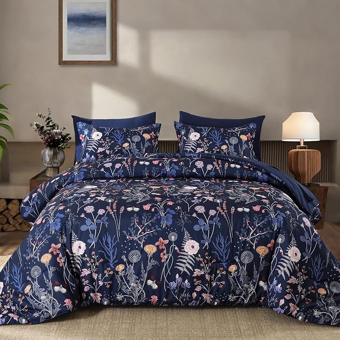 Yiran King Size Comforter Set, 7 Pieces Navy Blue Floral Soft Bedding Sets - Image 9