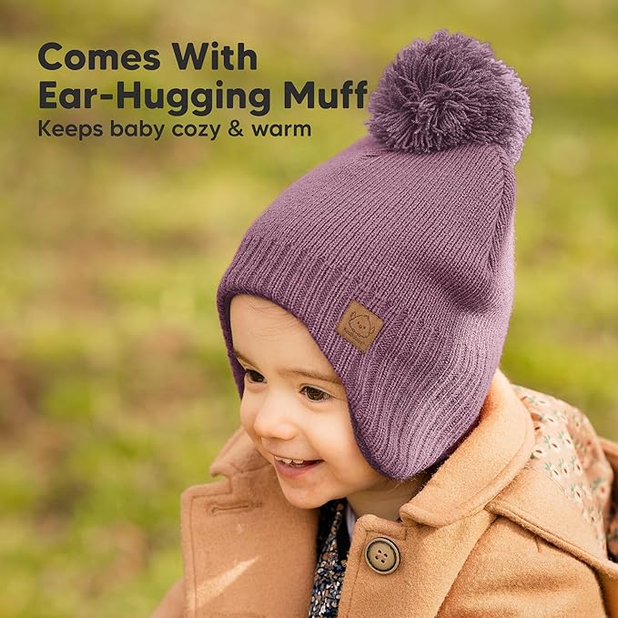 Baby Beanies, Baby Hats for Boys, Girls - Cute Toddler Winter Hat, Soft & Stretchy Beanies for Infant, Newborn 6-36 Months, Cozy & Warm with Earflap Muff & Pom (Regalia)