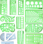 15PCS Geometric Drawings Templates, Transparent Green Plastic Ruler, Drafting by DSUWAZU