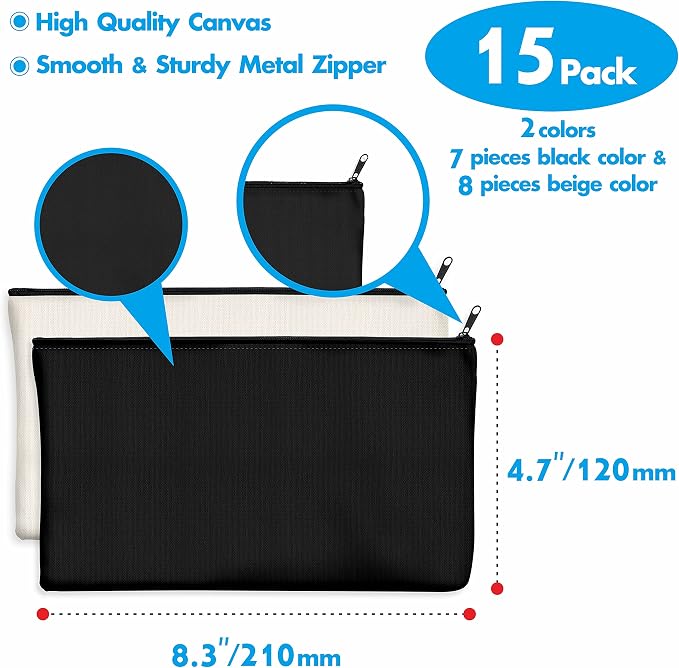 15 Pack Blank Cotton Canvas DIY Craft Zipper Bags Pouches Pencil Case - Image 3