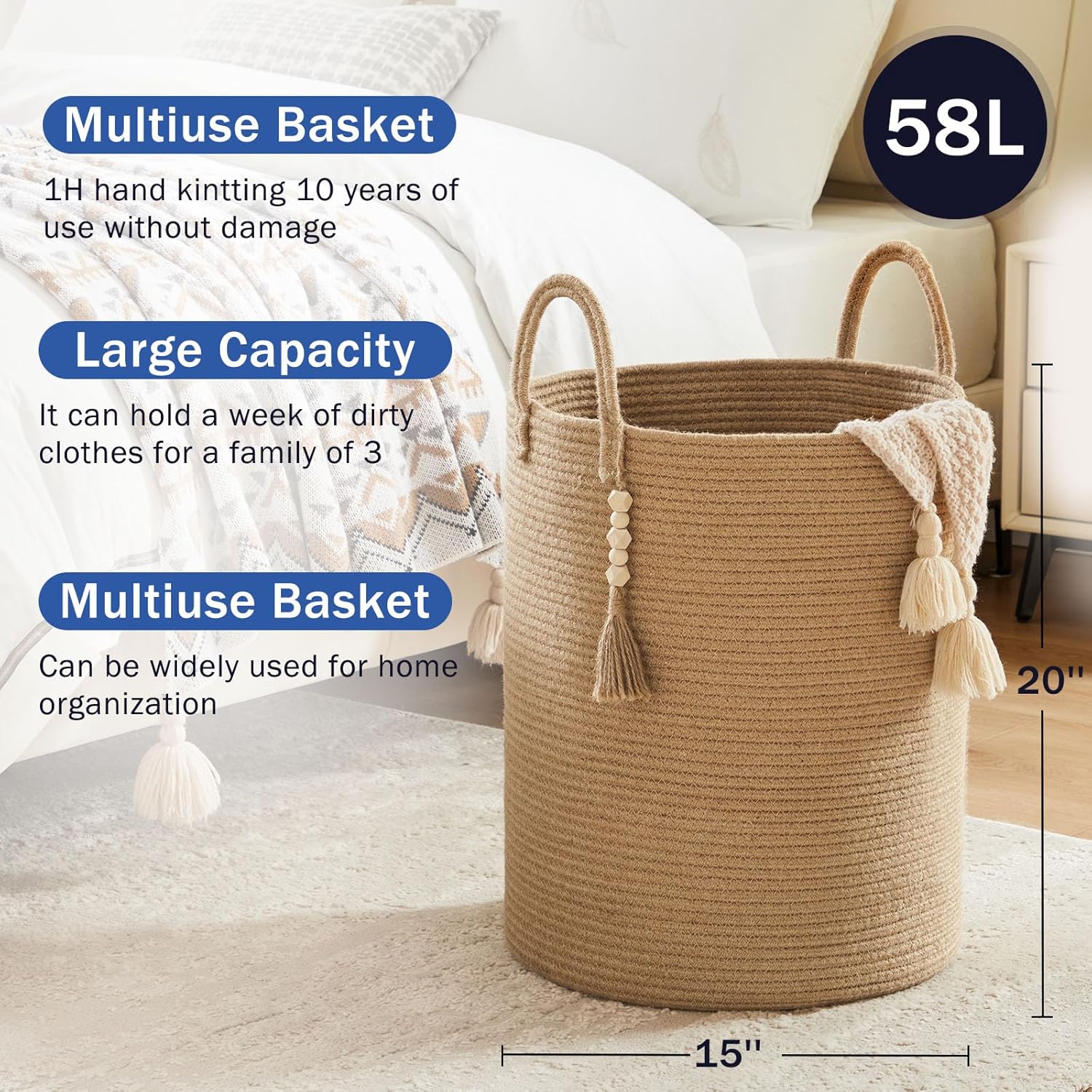 Jute Woven Rope Laundry Hamper, Tall Laundry Basket for Blanket Storage, Large Dirty Clothes Hamper for Toys, Decorative Baby Nursery Hamper for Bedroom, Living Room - Jute Brown, 58L