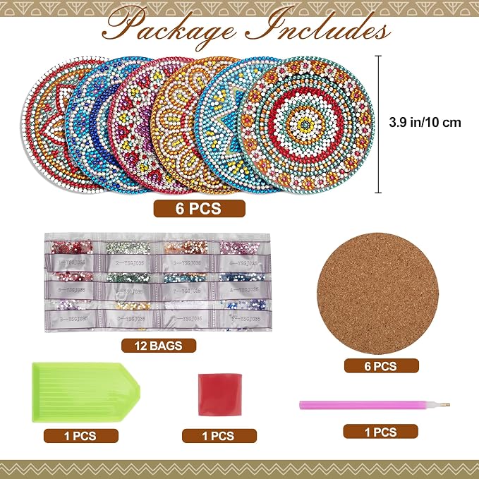 Temlum 6 Pcs Diamond Painting Coasters Kit, Mandala Diamond Art Coasters - Image 2