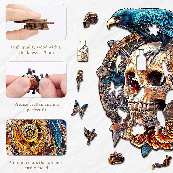 KAAYEE Wooden Puzzles for Adults, Raven & Mechanical Skull Wooden Jigsaw Puzzle - Image 4