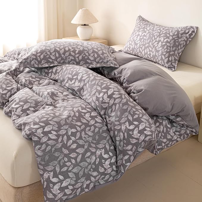 OAITE Grey Fallen Leaves Queen Size Duvet Cover-3 Pieces Prewashed Cotton-Like - Image 5