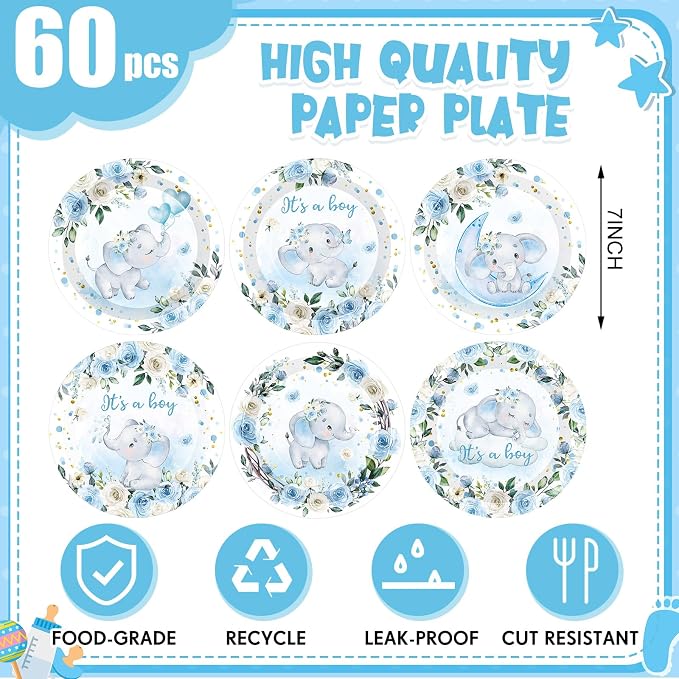 Funnymoom 60 Pcs 7 Inch Elephant Baby Shower Paper Plates It's a Boy Shower - Image 2