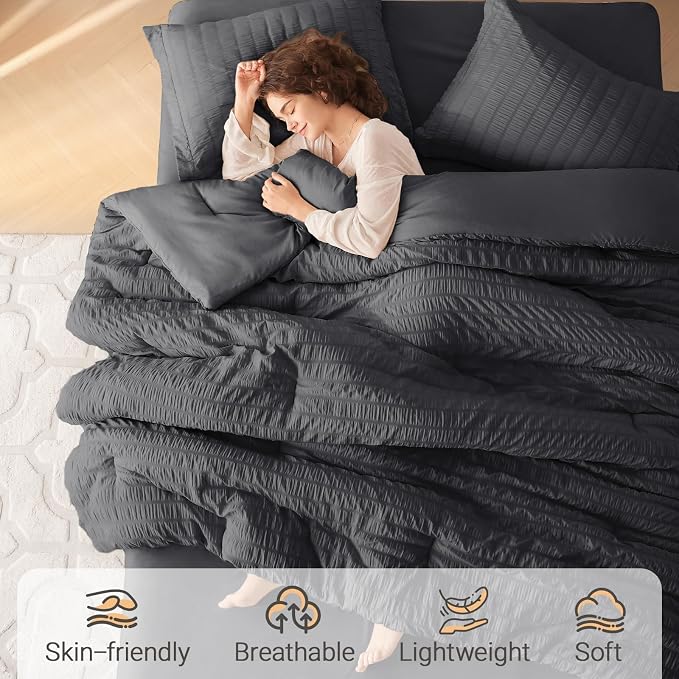 MUXHOMO 5 Pieces Twin Comforter Set, Seersucker Bed in a Bag Twin Size - Image 2