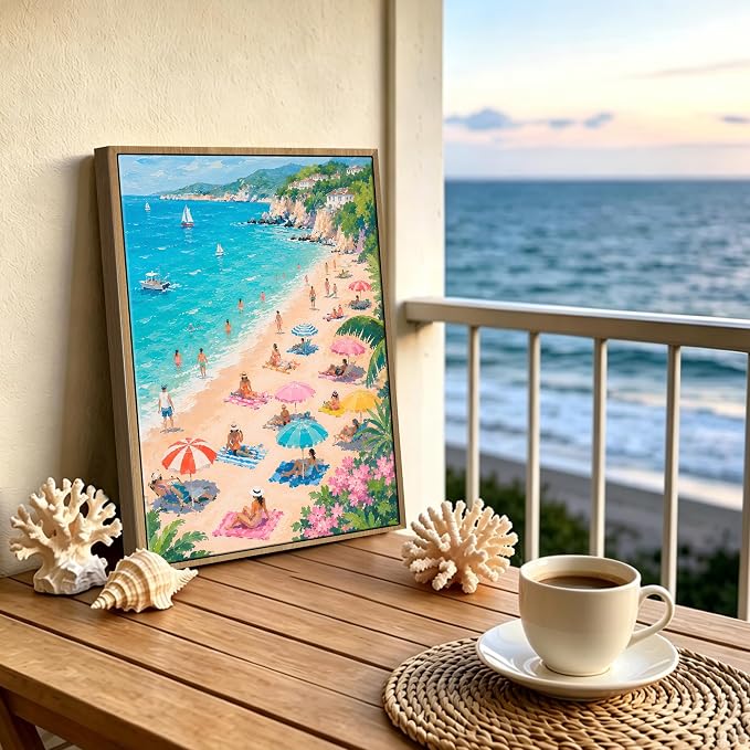 HomeifHue Funky Turquoise Beach Wall Art Colorful Coastal Umbrella Painting - Image 2