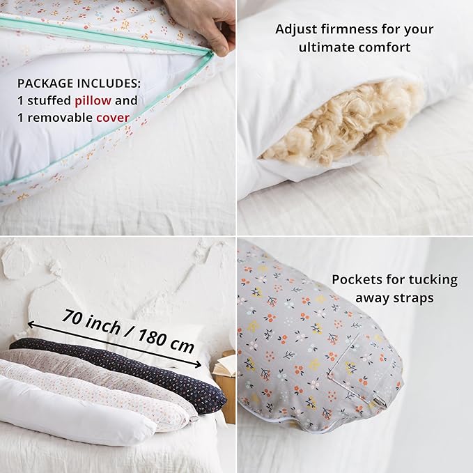 First Organic Cotton Pregnancy Pillow for Sleeping & Baby Feeding made with Natural Kapok Filling – Cooling Nursing & Comfort Pillow for Maternity Support & Side Sleepers – Removable Cover Included!