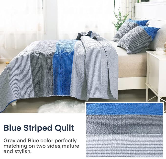 Andency Stripe Quilt Set Twin, 2 Pieces Blue and Grey Patchwork Bedspread - Image 5