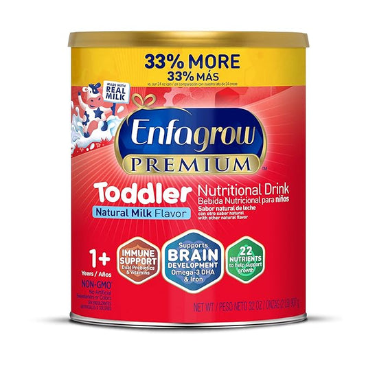Enfagrow Premium Toddler Nutritional Drink, Made with Real Milk, Brain-Building Omega-3 DHA, Nutrients and Prebiotics for Growth & Immune Support, Non-GMO, Toddler Milk Powder, 32 Oz Can