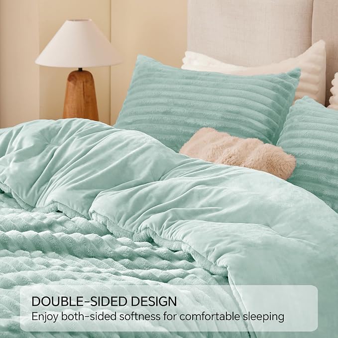 BEDELITE Fleece King Comforter Set -Super Soft & Warm Fluffy Light Green Bedding - Image 5
