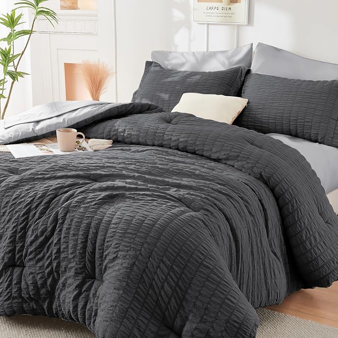 HYMOKEGE Dark Grey/Light Grey Full Size Comforter Sets Seersucker 7 Pieces by HYMOKEGE