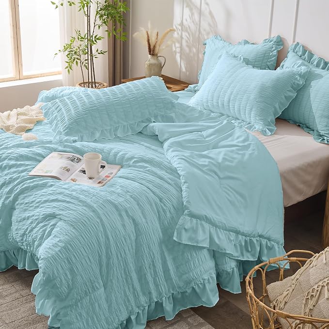 JOLLYVOGUE Blue Twin Size Comforter Set, 2 Pieces Seersucker Lightweight Fluffy - Image 7