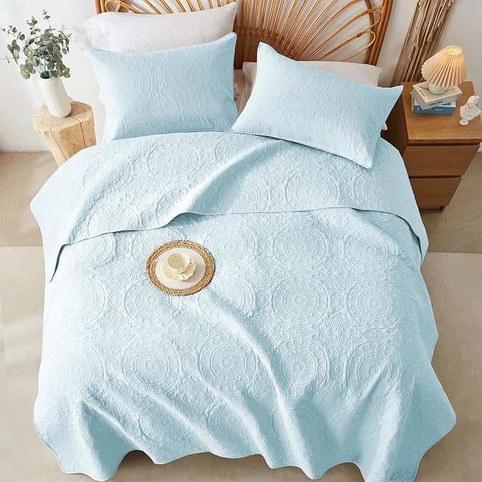 WURUIBO Sky Blue Quilt Set King/Cal King Size, Embossing Microfiber Bedspreads - Image 8