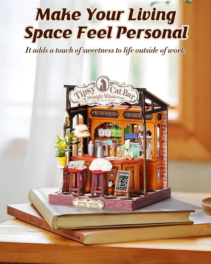 Rolife Miniature House Kit for Adults Tipsy Cat Bar DIY Wooden Dollhouse Kit - Image 2