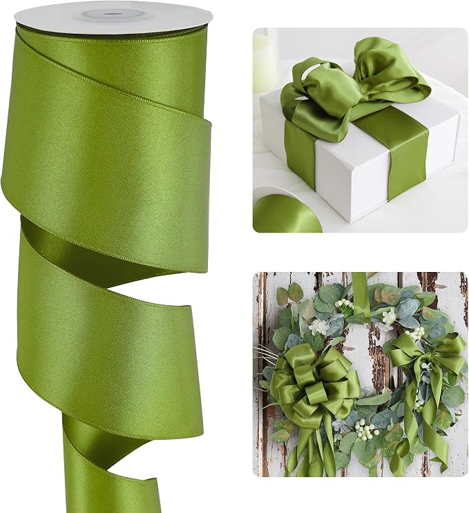 HUIHUANG Olive Green Wired Ribbon 2.5 inch Green Satin Wire Ribbon by HUIHUANG