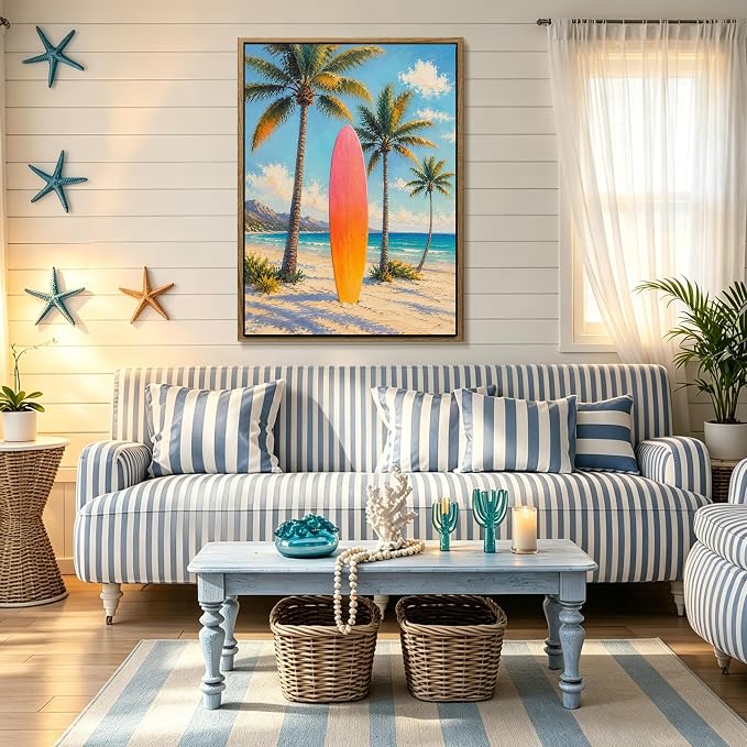 Pastel Gradient Surfboard Palm Tree Canvas Wall Art Print Tropical Summer Beach - Image 7